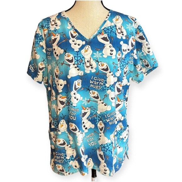 Disney Frozen Olaf Snowman Winter Scrubs Top Women's Size Large Front Pockets - Picture 1 of 7